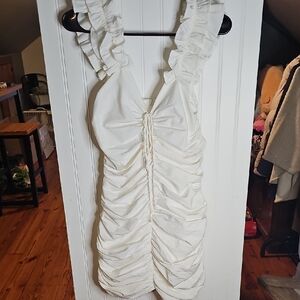 Zara Cream Ruched Mini Dress with Ruffled Straps